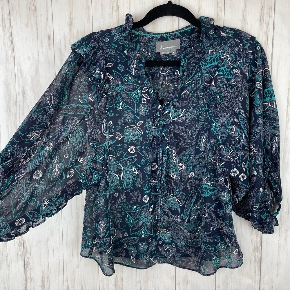 Anthropologie teal navy floral blouse size small